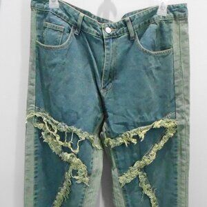 Men's Baggy Jeans Street Style Fringe Frayed Edges Wide Leg Skater Denim XXL